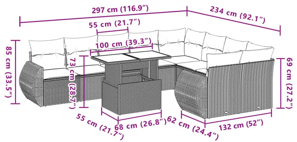 10 pcs conj. sofás jardim com almofadões vime PE cinzento-claro