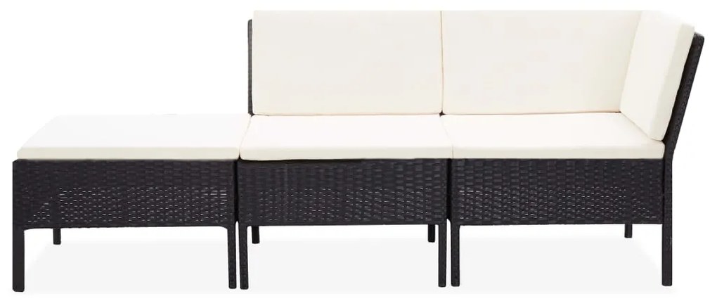 3 pcs conjunto lounge de jardim c/ almofadões vime PE preto