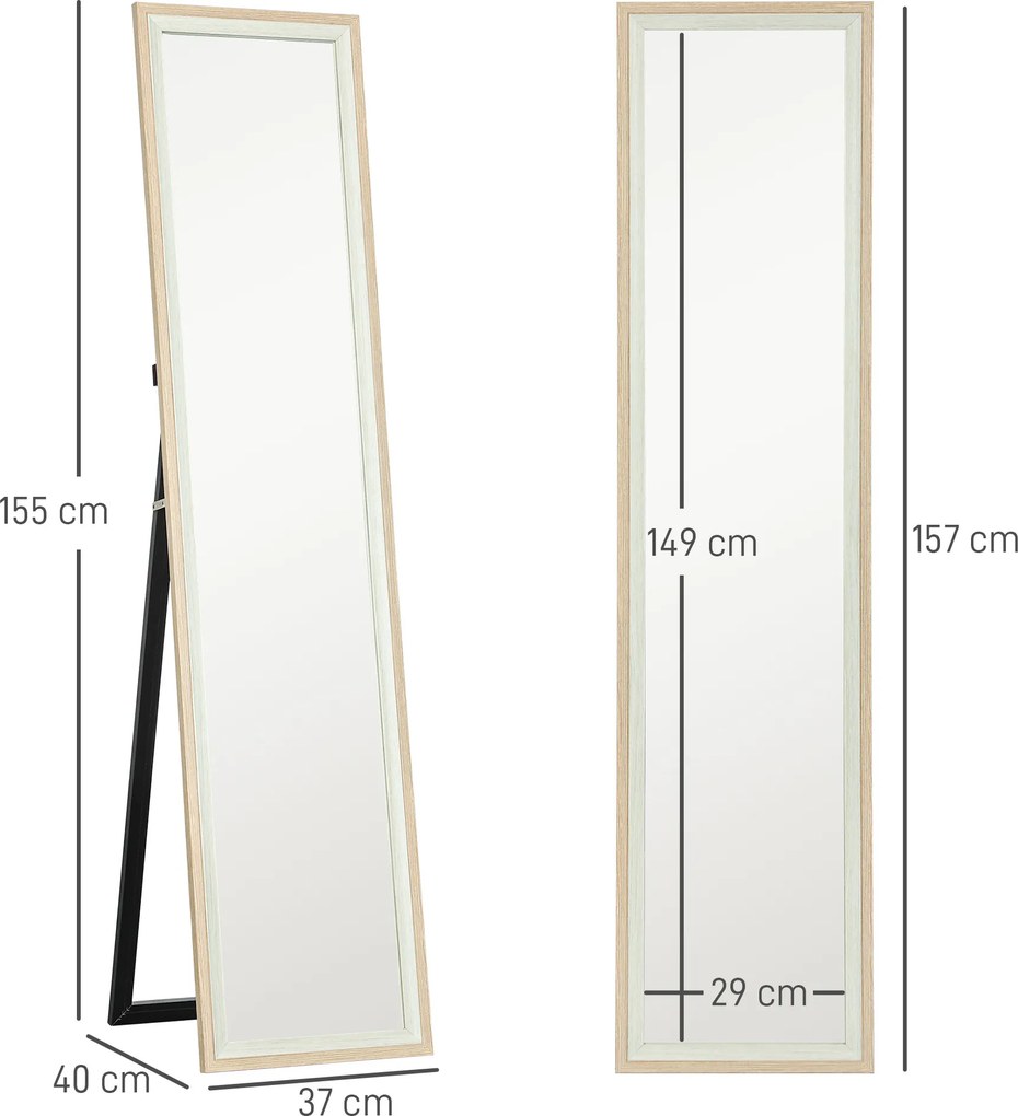Espelho de Pé 37x157 cm Espelho de Corpo Inteiro com Estrutura de MDF e Suporte Branco e Madeira Clara