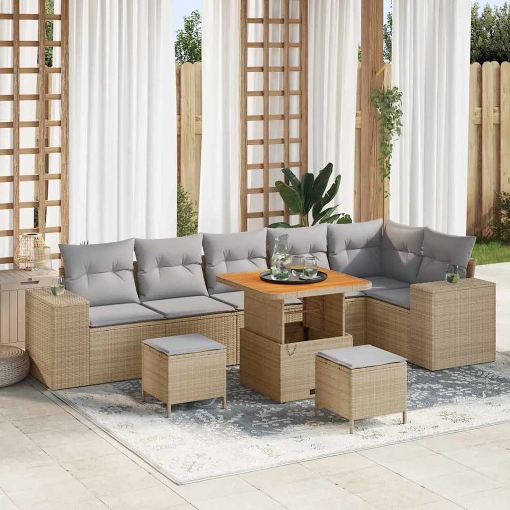 vidaXL Conjunto de Sofá de Jardim de 9 Peças com Almofadas Bege em Rattan Sintético e Acácia