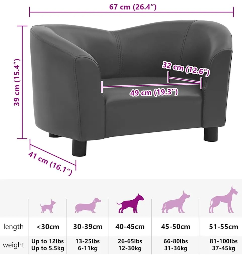 Sofá para cães 67x41x39 cm couro artificial cinzento