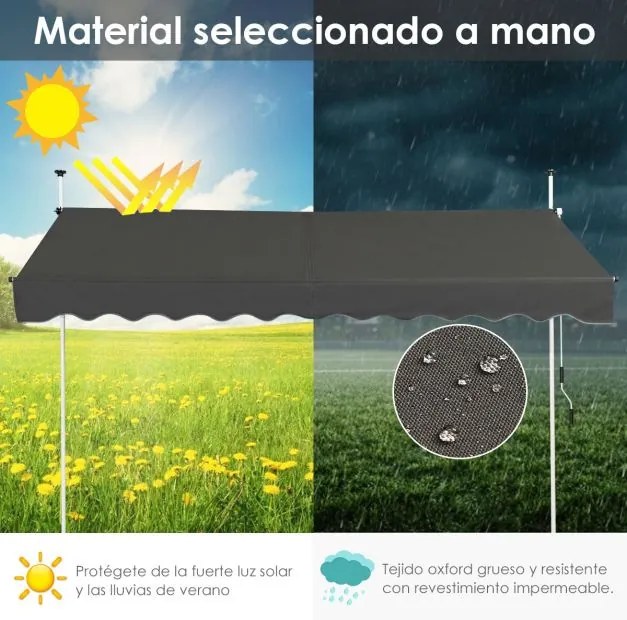 Toldo Telescópico e Retrátil 300 x 120 cm Resistente aos Raios UV Impermeável com Manivela Manual e Altura Ajustável para Janela Varanda Cinza