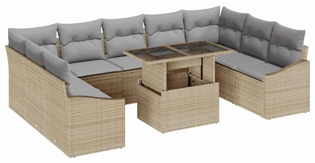 Conjunto de Sofá de Jardim de 10 Peças com Almofadas Bege em Rattan