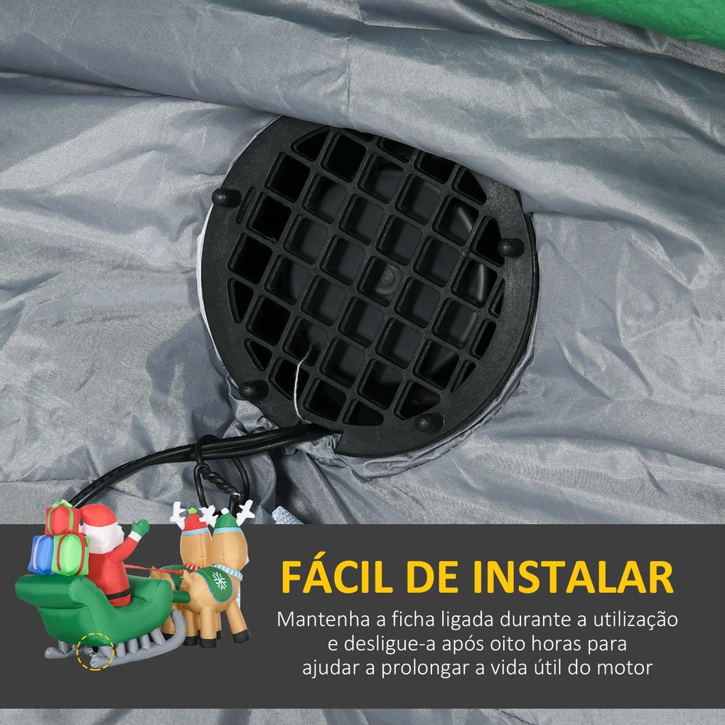 HOMCOM Decoração Insuflável de Natal Pai Natal com Trenó e 2 Renas Decoração de Natal com 4 Luzes LED para Jardim Pátio 210x70x125 cm Multicor