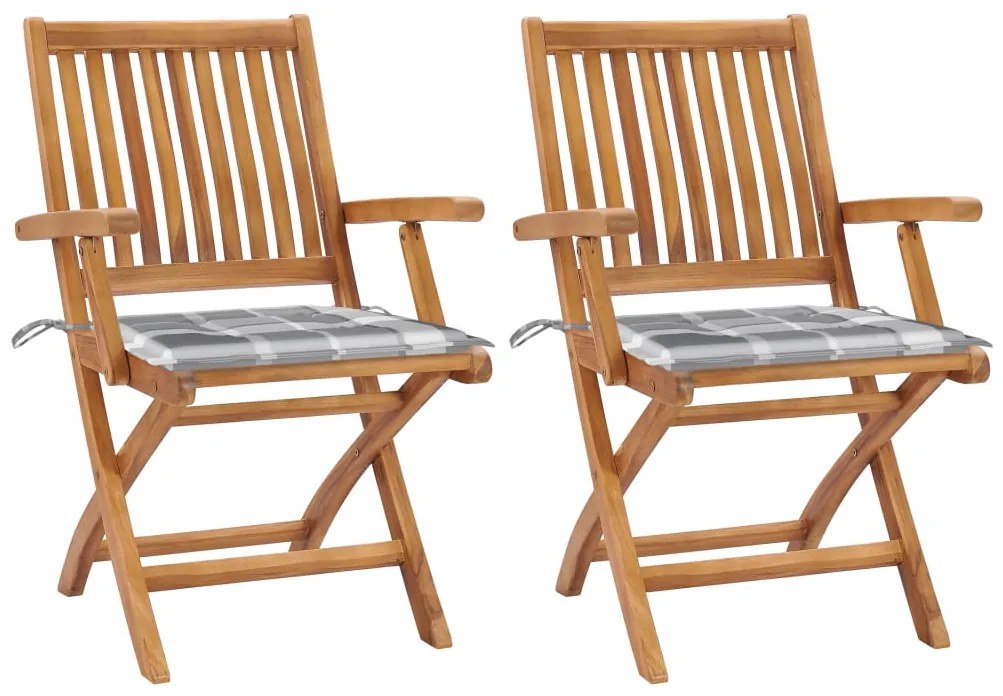 vidaXL Cadeiras jardim c/ almofadões xadrez cinzento 2 pcs teca maciça