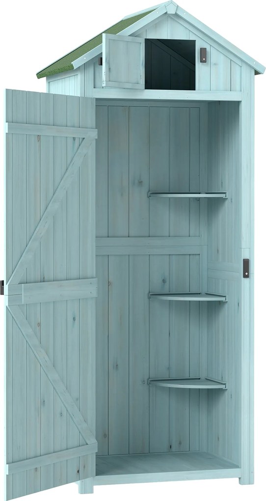 Outsunny Armário de Jardim de Madeira 77x54,2x179 cm 0,3 m² Armário de Armazenamento com 3 Prateleiras e 2 Portas Azul Claro | Aosom Portugal