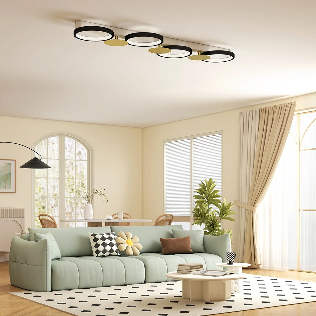Candeeiro de Teto Regulável com 4 Focos Controlo Remoto Modos de Cena 1500 lm 38 W 3000 K-6500 K 100x31x7 cm Preto e Dourado