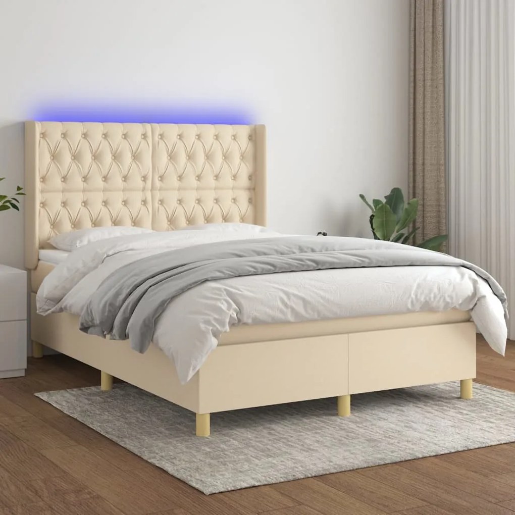 Cama box spring c/ colchão e LED 140x200 cm tecido cor creme