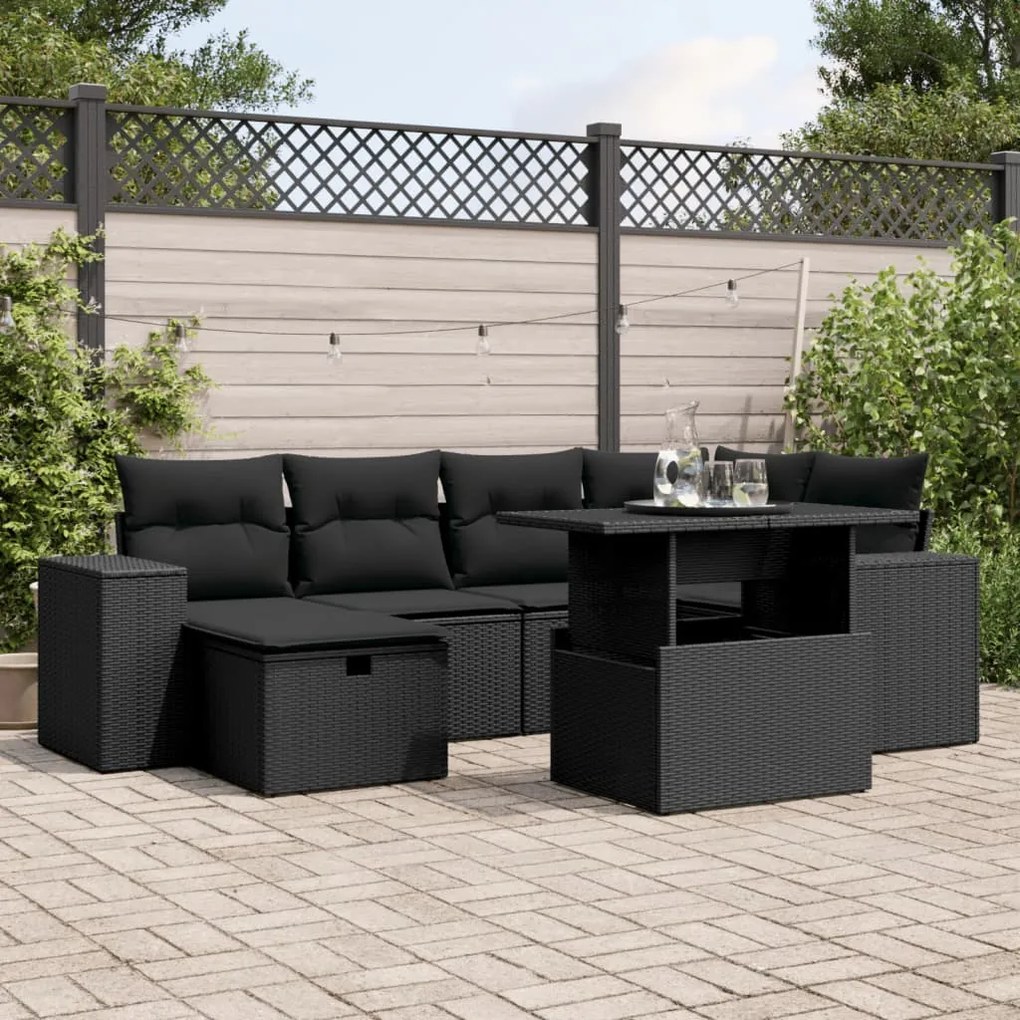 7 pcs conjunto de sofás p/ jardim c/ almofadões vime PE preto