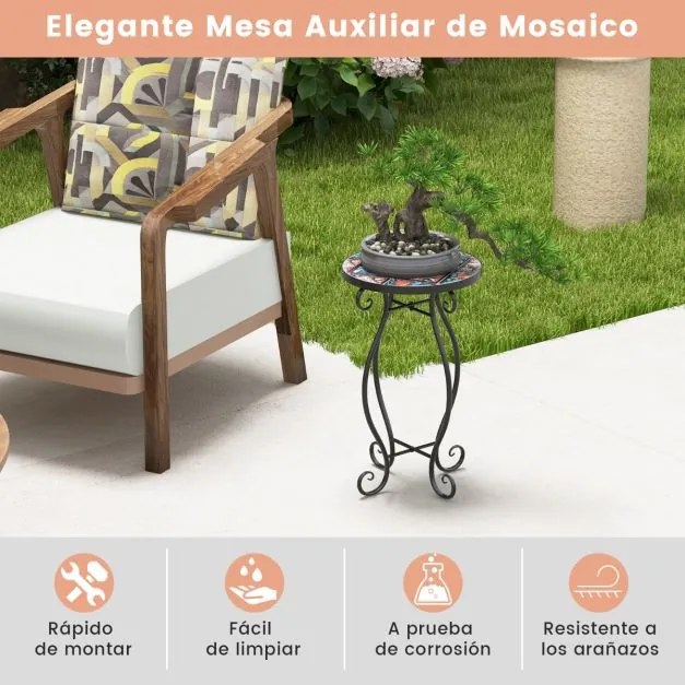 Mesa auxiliar de jardim em mosaico 30 x 50 cm (diâmetro x altura) com tampo em azulejos de cerâmica para varanda e jardim Preto