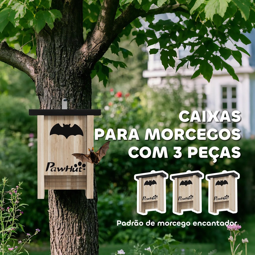 Conjunto de 3 Refúgios para Morcegos Caixas de Madeira para Exterior, Jardim ou Horta Fácil de Pendurar 18x6x22,5 cm