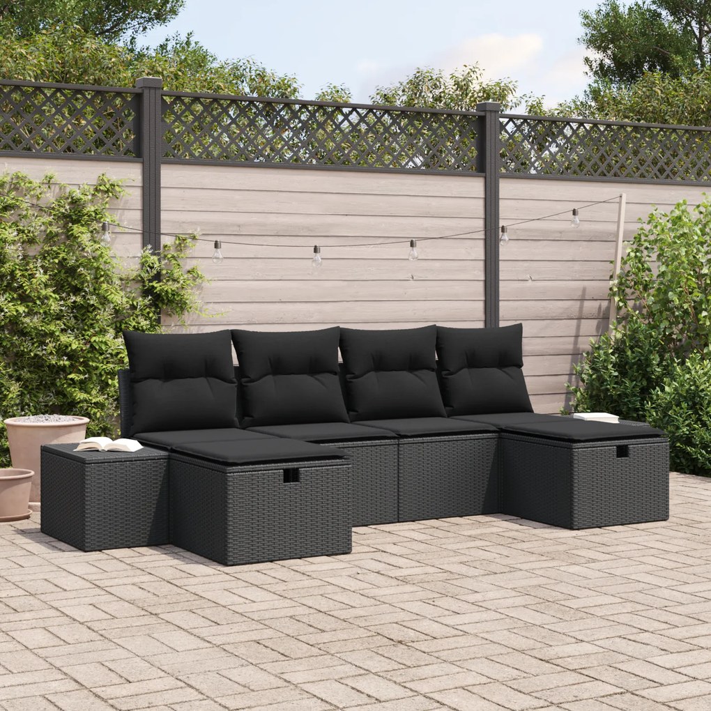 Conjunto de Sofá de Jardim de 6 Peças com Almofadas Preto Vime Sintéti