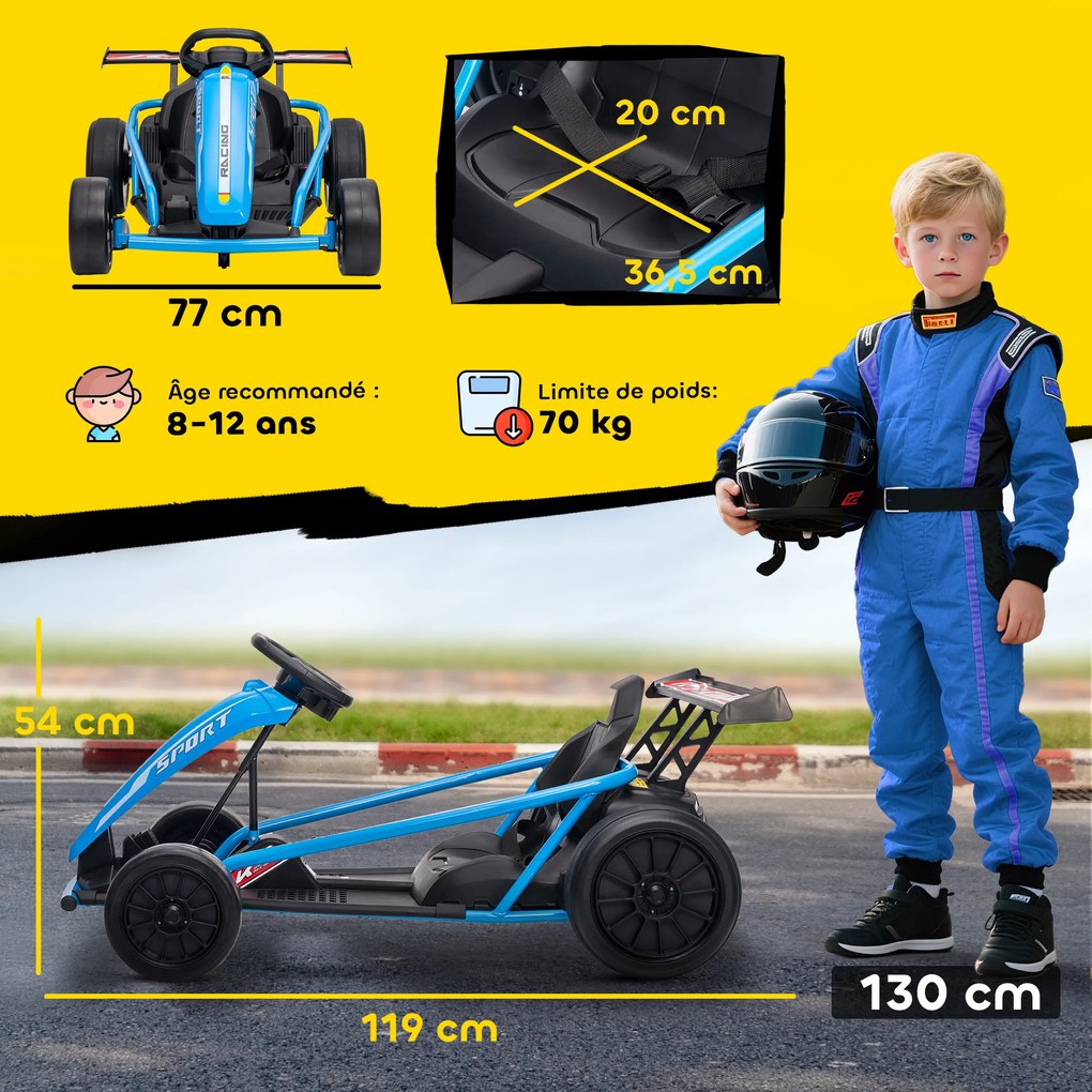 Kart elétrico GoKart para crianças, com 2 motores de 24 V, modo de derrapagem a 13 km/h, 119 x 77 x 54 cm, azul