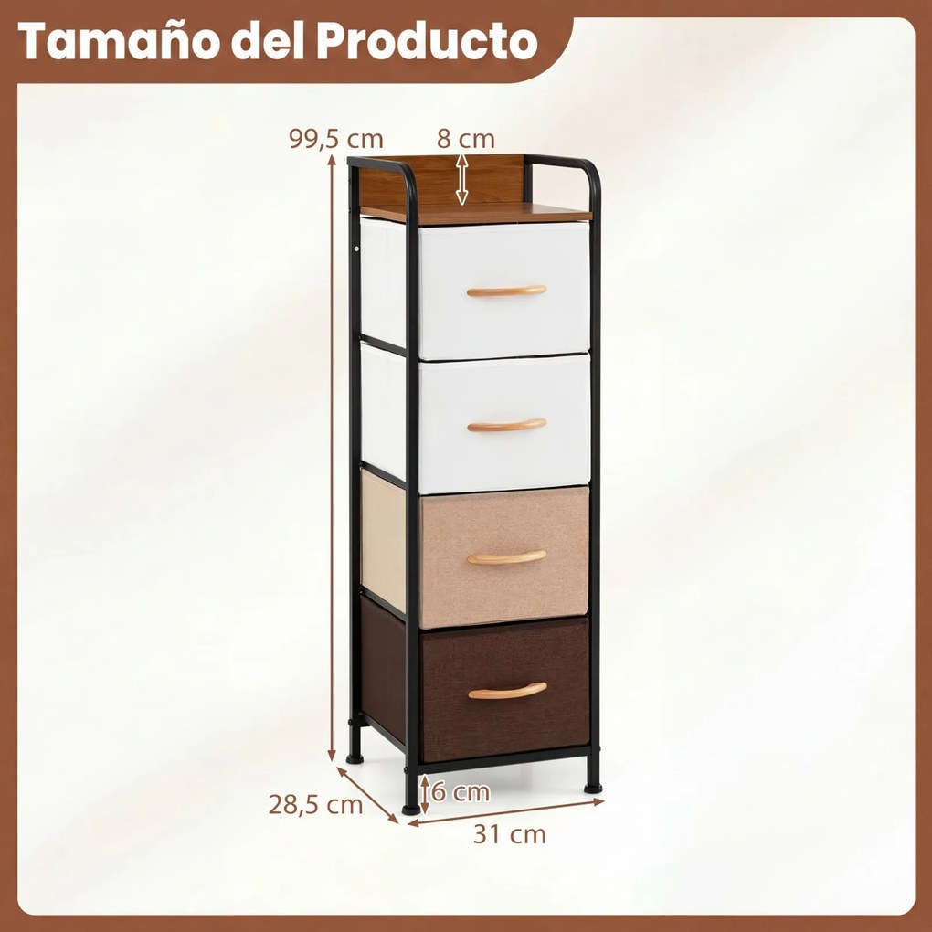 Cómoda de 4 gavetas com gavetas de tecido dobráveis e removíveis 31 x 28,5 x 99,5 cm, Estrutura metálica, Multicolorido
