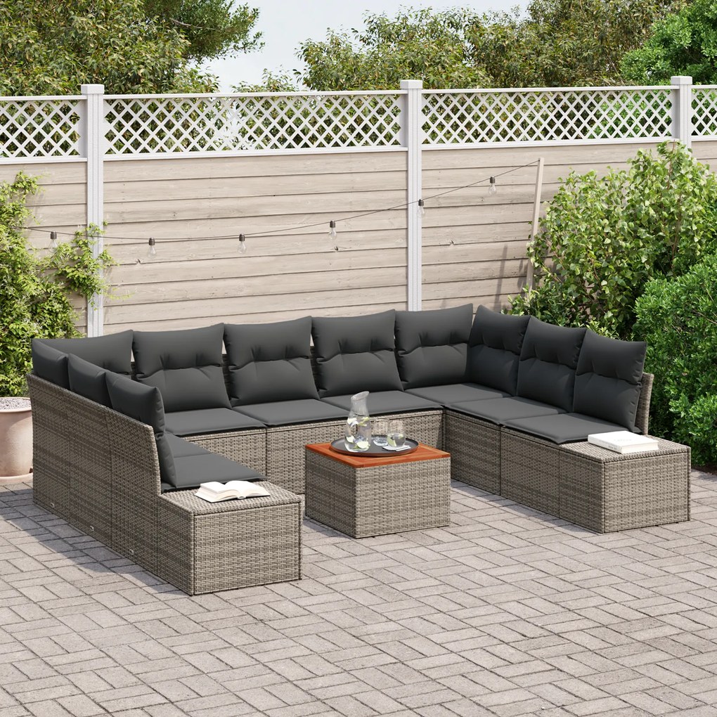 Conjunto de Sofá de Jardim 10 Peças com Almofadas Cinza Vime Acácia