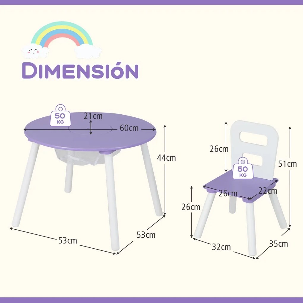 Conjunto de mesa e cadeira redonda para crianças Conjunto de 3 peças com mesa de actividades em madeira e centro de rede Acessórios de decoração roxo
