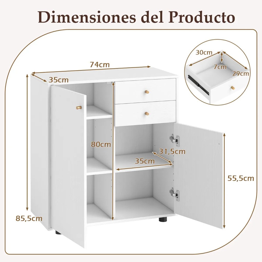 Aparador armário para cozinha ou sala 74 x 35 x 85,5 cm com 2 gavetas, 2 portas e 3 prateleiras ajustáveis, estilo rústico moderno Branco