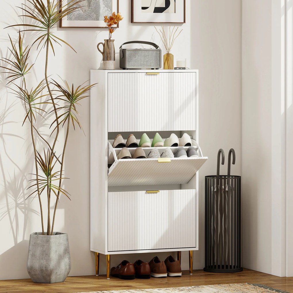 Sapateira com capacidade para 18 pares, com 3 gavetas rebatíveis, portas caneladas e prateleiras ajustáveis, 60 x 24 x 122,5 cm, branco
