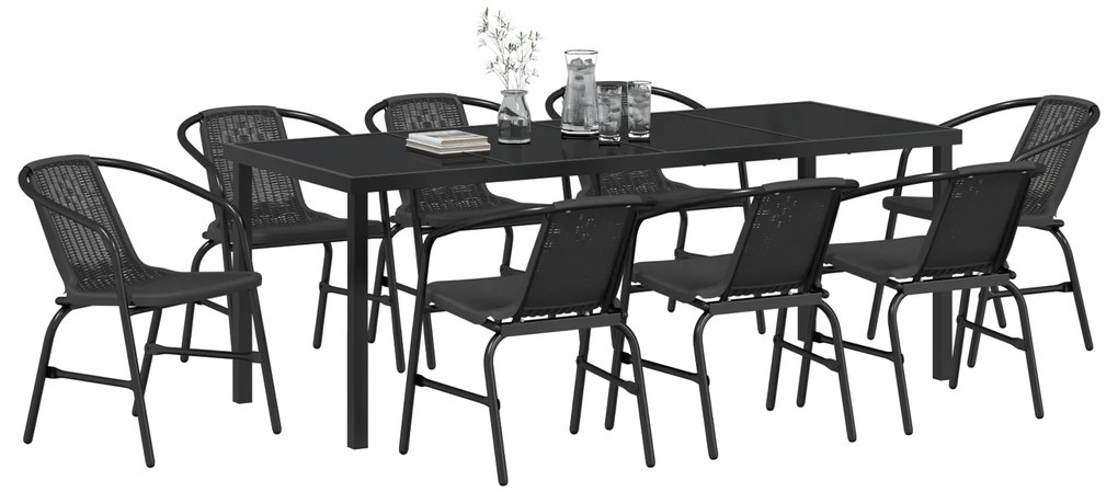 Conjunto de Jantar de Jardim 9 Peças Preto de Rattan Poliéster