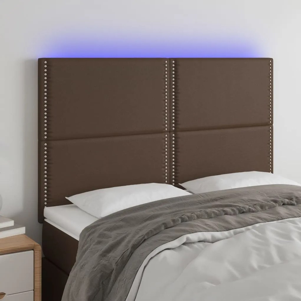 Cabeceira cama c/ LED couro artif. 144x5x118/128 cm castanho