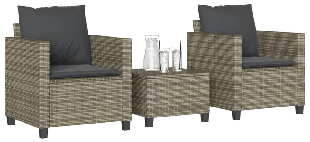 vidaXL 3 pcs conjunto bistrô com almofadões vime PE cinza