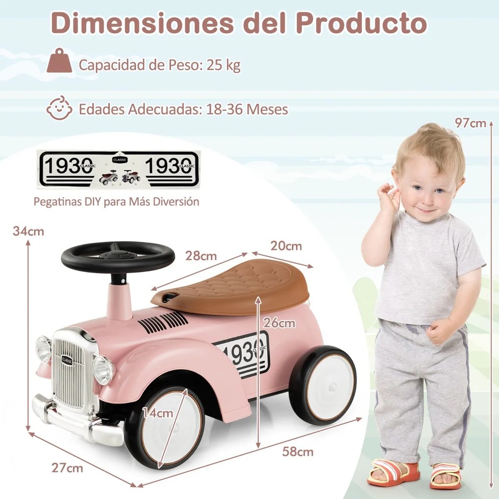 Andarilho de brincar carro retro para crianças, sem pedais, com arrumação e rodas em EVA Rosa