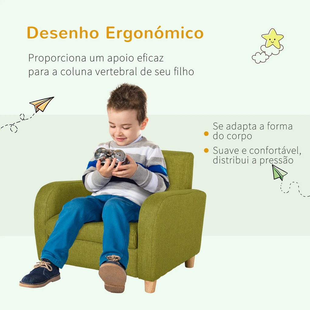 Sofá Infantil Mini Sofá para Crianças acima de 3 anos com Assento Acolchoado e Apoio para os Braços 49x45x44 cm Verde