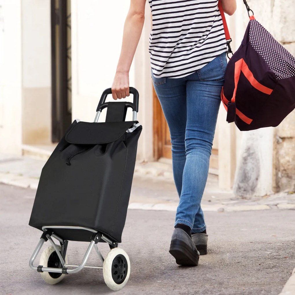 Carrinho de compras dobrável com rodas Saco impermeável amovível e leve para piquenique Campismo 34 x 28 x 90 cm Preto