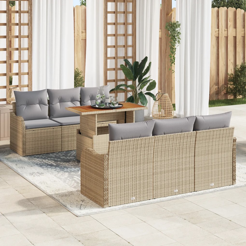 Conjunto de Sofá de Jardim com 7 Peças em Rattan Bege e Acácia