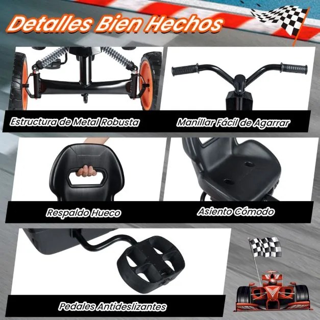Kart a pedais para crianças com assento ajustável em 2 posições para crianças dos 3 aos 8 anos Capacidade de carga de 30 kg Preto