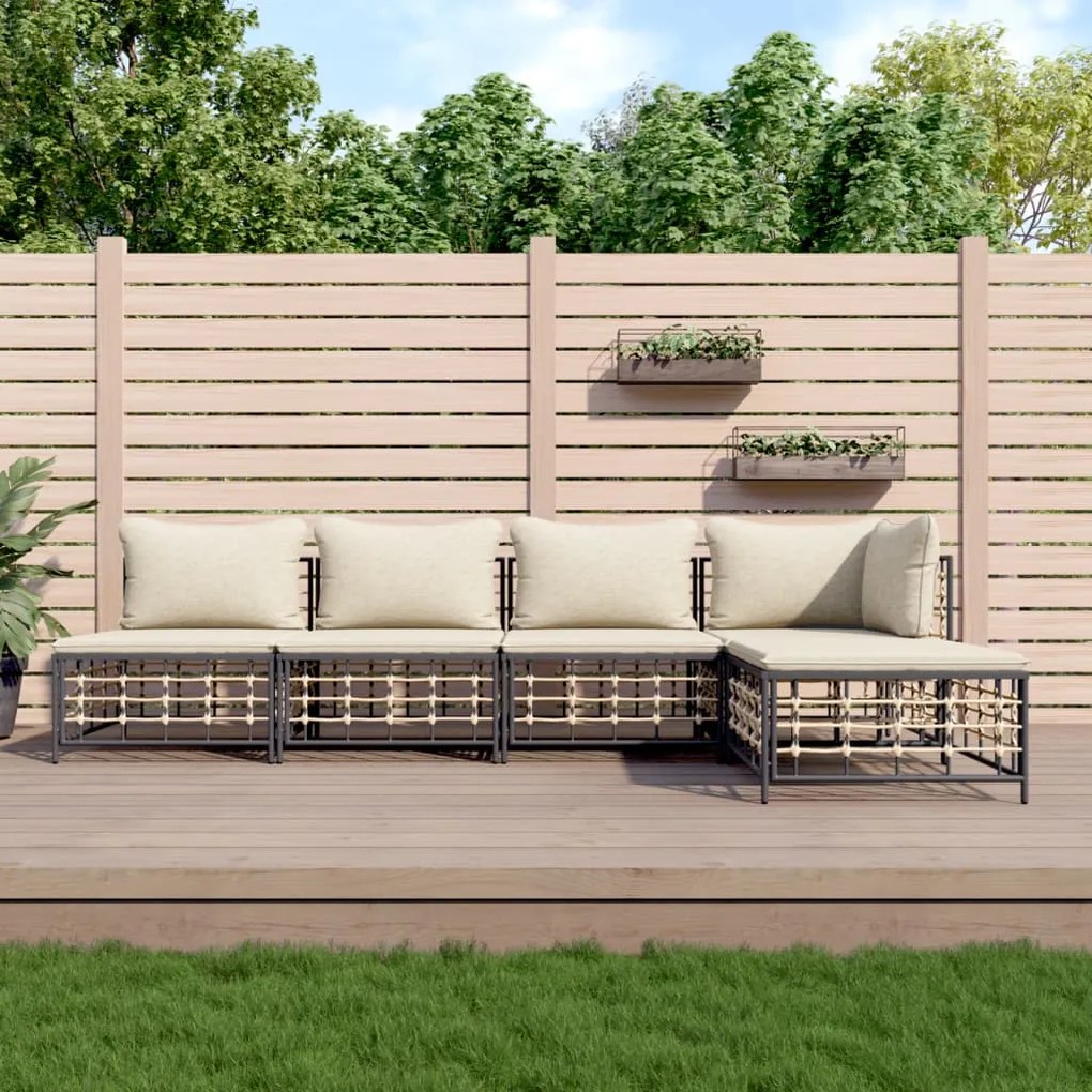 vidaXL 5 pcs conjunto lounge de jardim c/ almofadões vime PE antracite