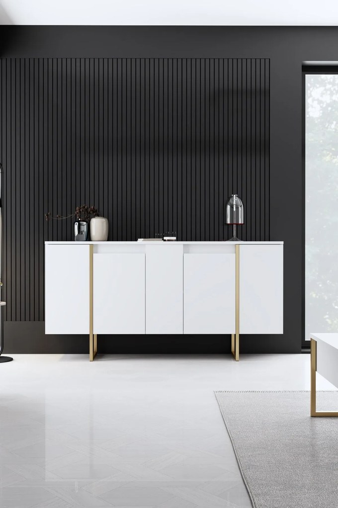 Aparador "Madrid" com 4 Portas - Branco e Dourado - 160x80x35 cm - Des