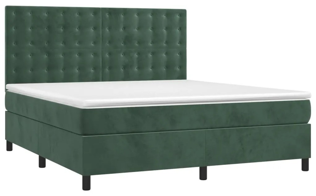 Cama box spring c/ colchão/LED 160x200 cm veludo verde-escuro