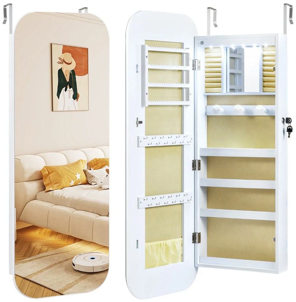Armário para joias com espelho 42 cm x 10 cm x 107,5 cm e 6 luzes LED de parede ou porta com fecho Espelho arredondado branco