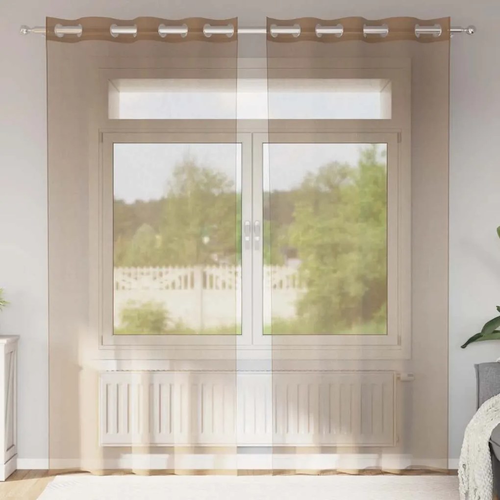 Cortinas de voile com ilhós 2 pcs castanho-claro