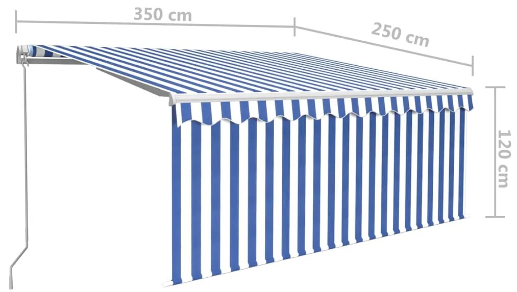 Toldo retrátil manual com estore/LED 3,5x2,5 m azul e branco