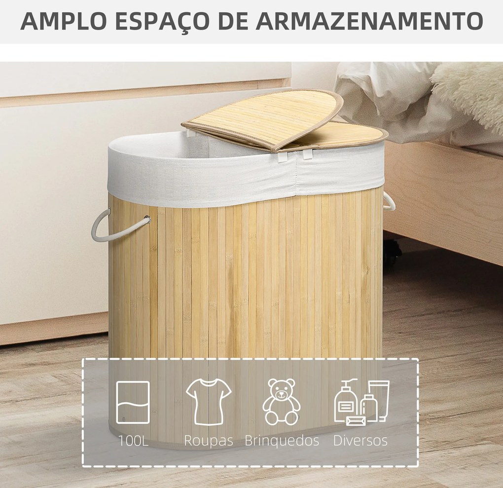 Cesto de Roupa Suja de Bambu 100L com 2 Compartimentos e Forro Removível 62,5x37x60,5 cm Madeira
