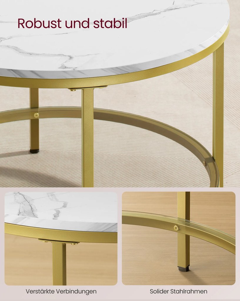 Mesa de centro com 2 níveis e tampo em vidro 65 x 46 cm (Ø x A) branco mármore e dourado claro