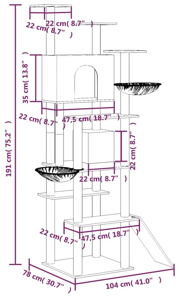 Árvore p/ gatos c/ postes arranhadores sisal 191 cm cor creme