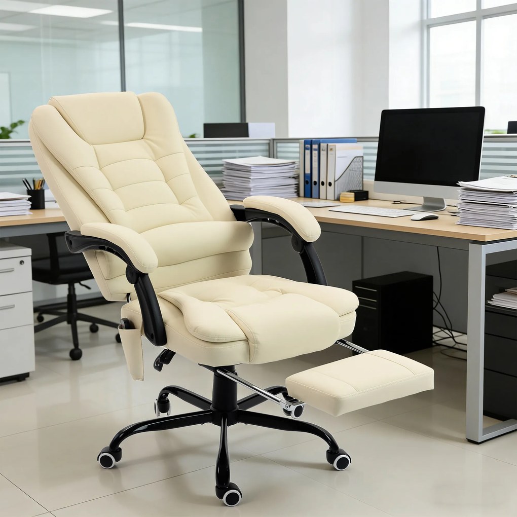 Cadeira de escritório com função de massagem, com altura ajustável, encosto reclinável e comando com fio, bege