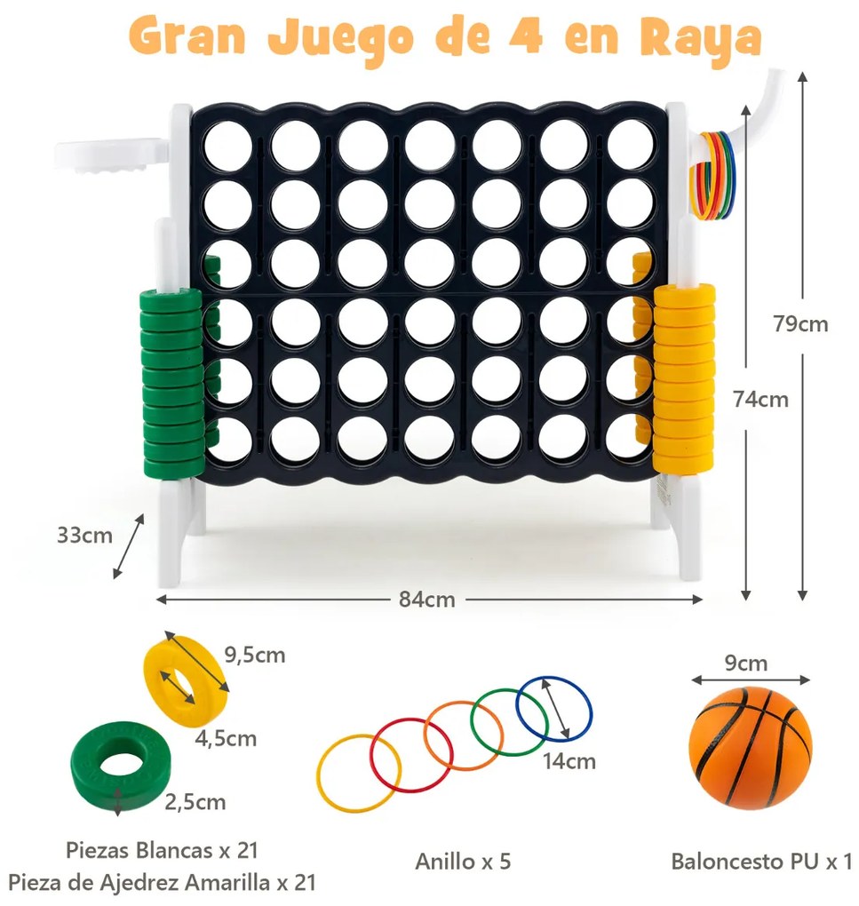 Jogo gigante Conecta 4 exterior 84 x 33 x 74 cm para crianças e adultos 74 cm com cesto e jogo de atirar argolas 42 peças Branco
