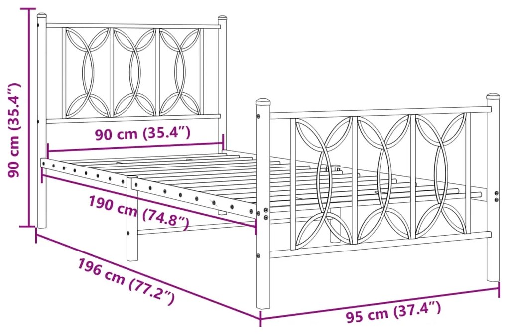 Estrutura de cama com cabeceira e pés 90x190 cm metal branco