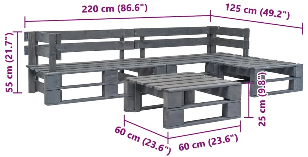 4 pcs conjunto lounge de jardim paletes madeira cinzento