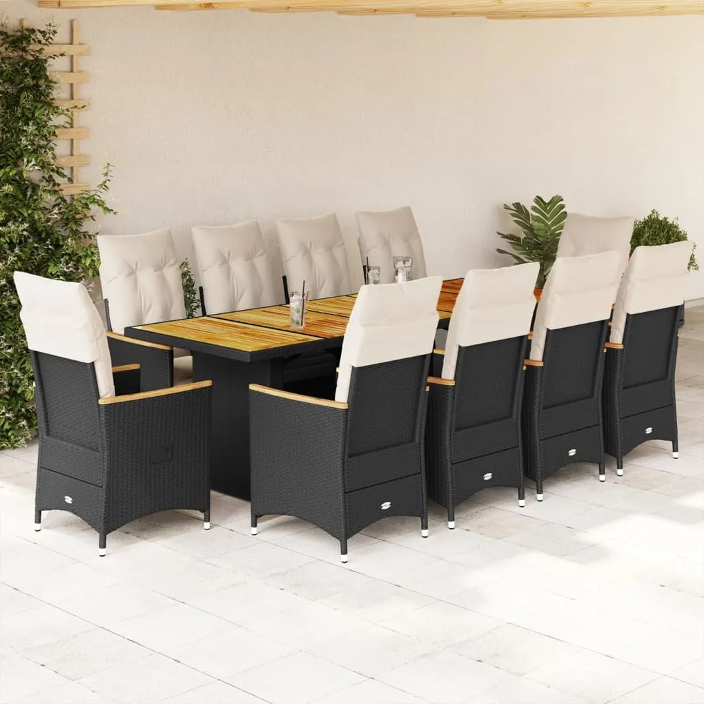 vidaXL 11 pcs conjunto de bistrô p/ jardim c/ almofadões vime PE preto