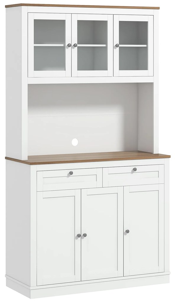 HOMCOM Armário Alto de Cozinha com 3 Portas de Vidro Compartimento Aberto 2 Gavetas e Prateleiras Ajustáveis 100x40x180 cm Branco | Aosom Portugal