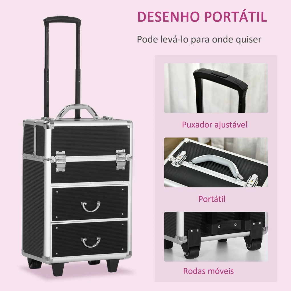 HOMCOM Mala de Maquilhagem Professional Mala para Cosméticos com Rodas 6 Gavetas Extensíveis Fechadura 2 Chaves e Alça Retrátil 36x23x58cm Preto