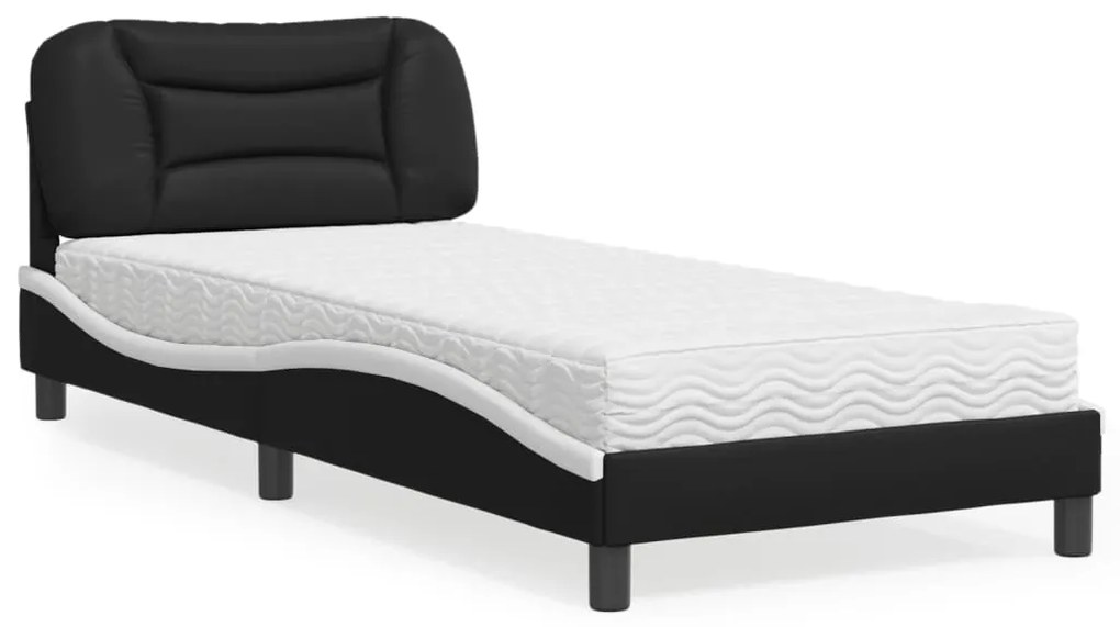 Cama com colchão 90x190 cm couro artificial preto e branco