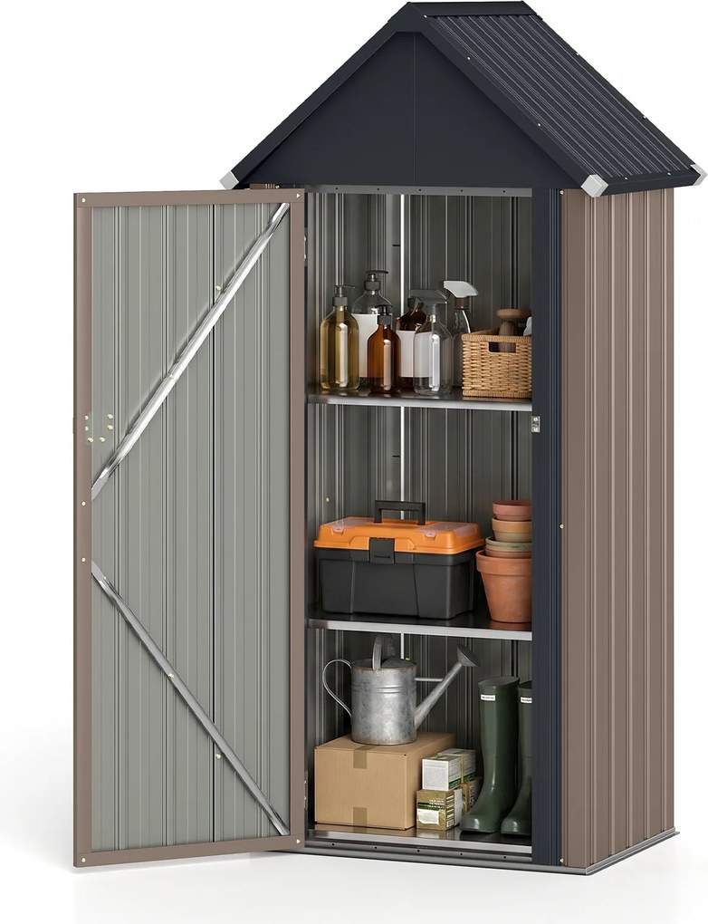 Abrigo de Arrumação Exterior, 76 x 54 x 176 cm, 3 Prateleiras Ajustáveis, Cinzento