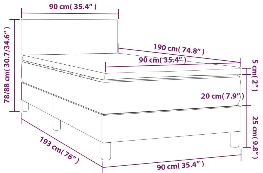 Cama box spring c/ colchão/LED 90x190cm couro artificial branco