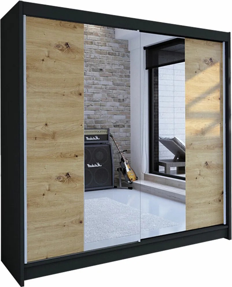 Roupeiro Closico Cavaris II, Preto, Carvalho Artisan, 215x180x58cm, 150 kg, Portas para roupeiro: Deslizante, Número de prateleiras: 5, Número de prateleiras: 5